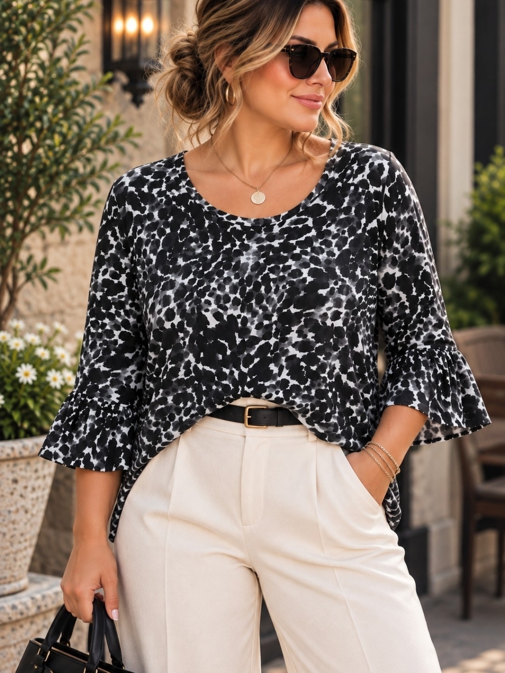 Black White Leopard Animal Bell Ruffle Sleeve Blouse 100% Cotton Plus 1X 22 / 24